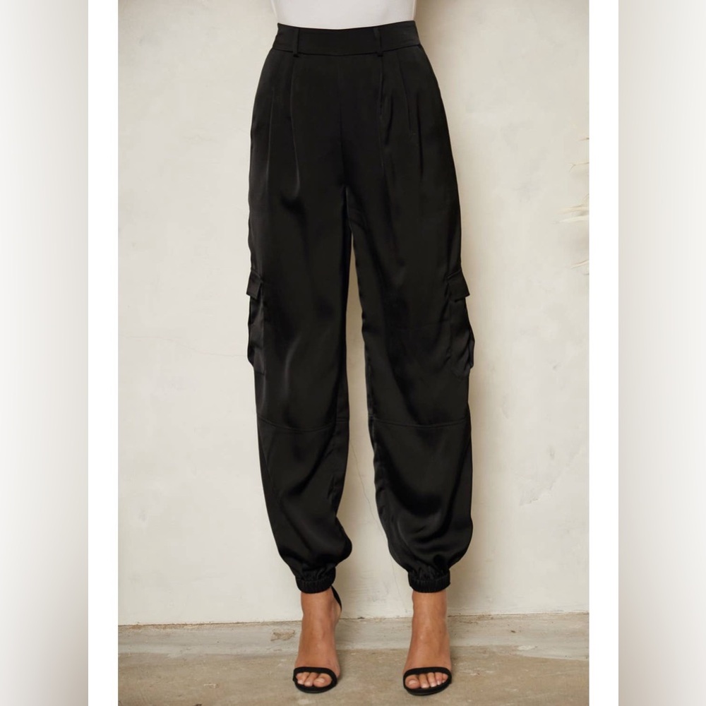 Black Satin Cargo Joggers